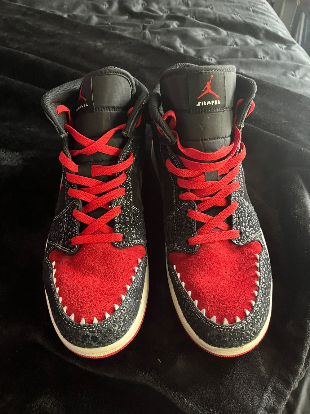 Jordan Black & Red High-Top Sneakers with Patterned Overlays